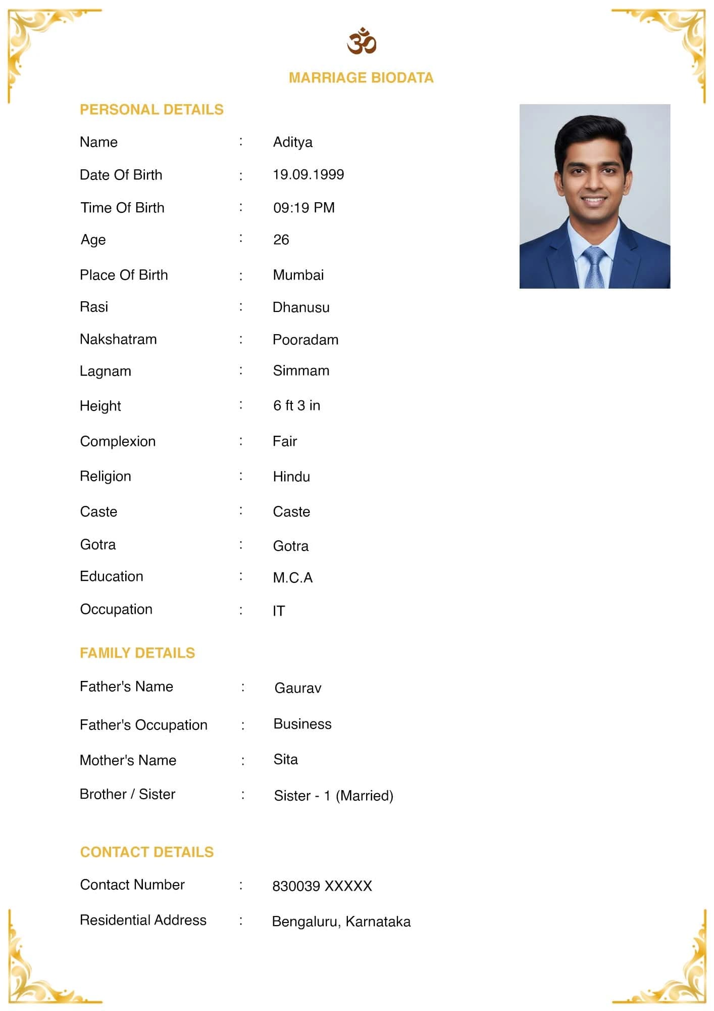 Marriage biodata format - Traditional Elegance template