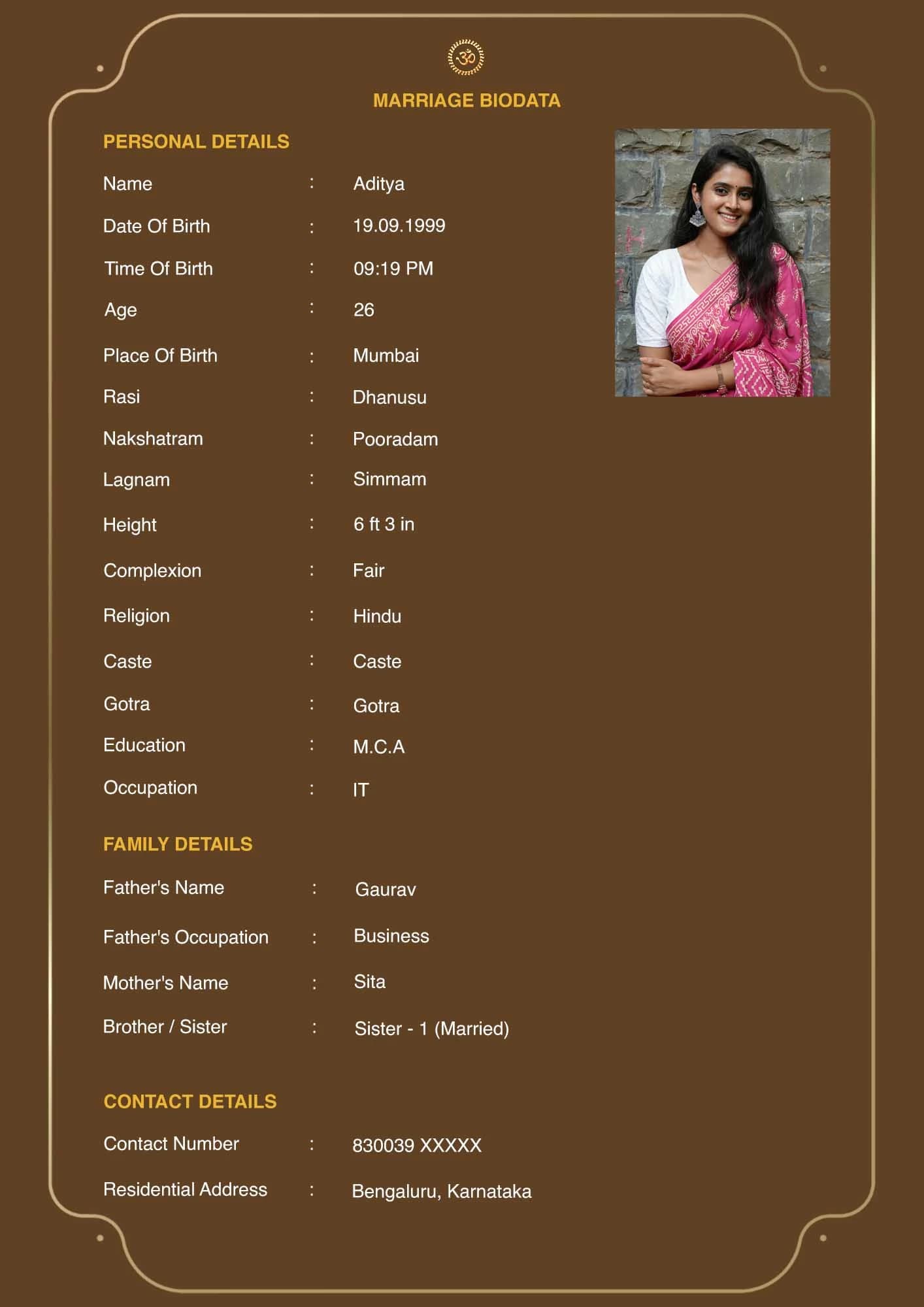 Biodata format for girl - Traditional template with warm tones